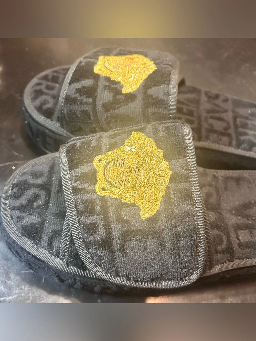 Sale- Versace Black Velour Slide Sandals with Gold Medusa Embroidery